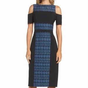 NWT Maggy London Womens Cold Shoulder Sheath Dress Size 6 Black with Blue Lace